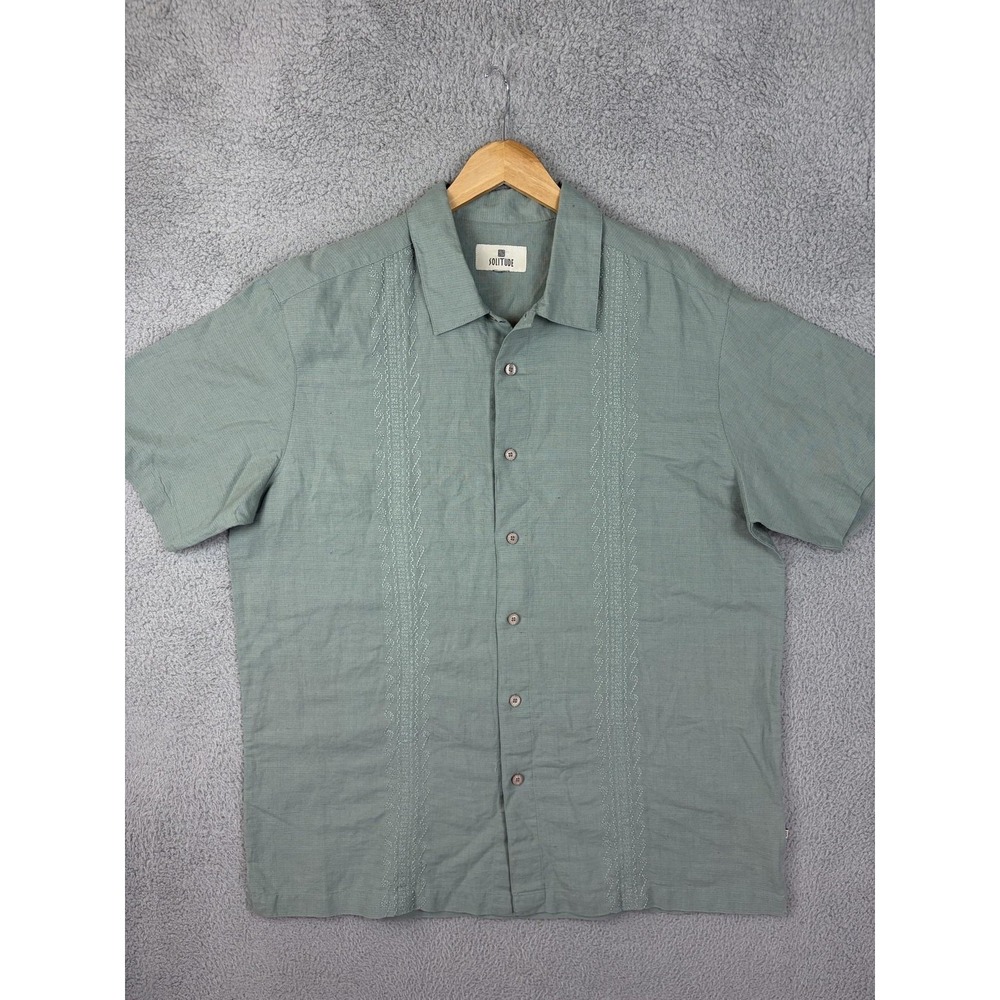 Solitude Shirt Mens XL Green Linen Embroidered Short Sleeve Button Front Casual